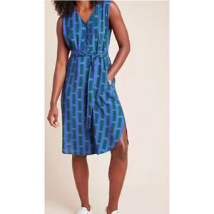 Corey Lynn Calter Anthropologie Marnie Blue Geometric Belted  Shirt Dress XS